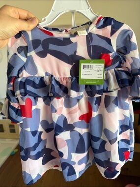 kate spade navy blue, red, pink patterned dress with navy bloomers